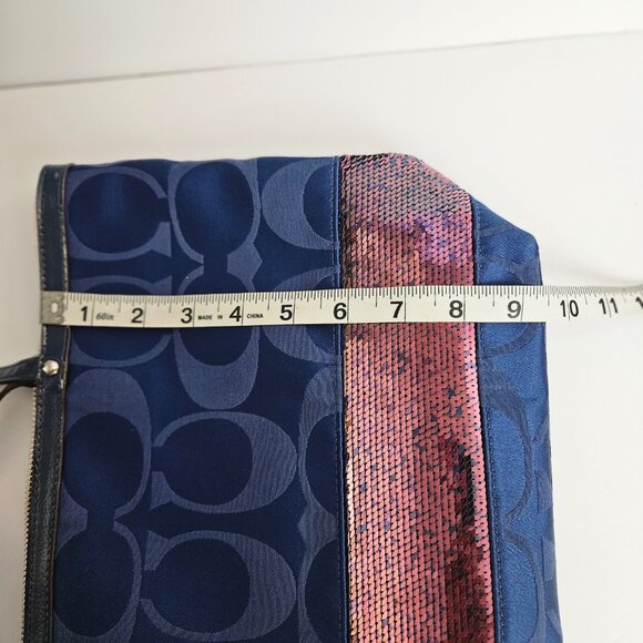 Coach Signature Tote Handbag J1120-F17574 Satin Pink Sequin Band Medium Blue Bag - Picture 8 of 16